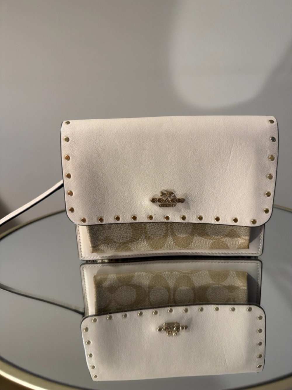 Coach Studded Crossbody Belt Bag Cream Signature Canvas Leather 7x5.5